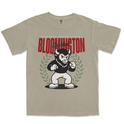 Beige t-shirt with a graphic of a bull and text 'Bloomington' on a white background