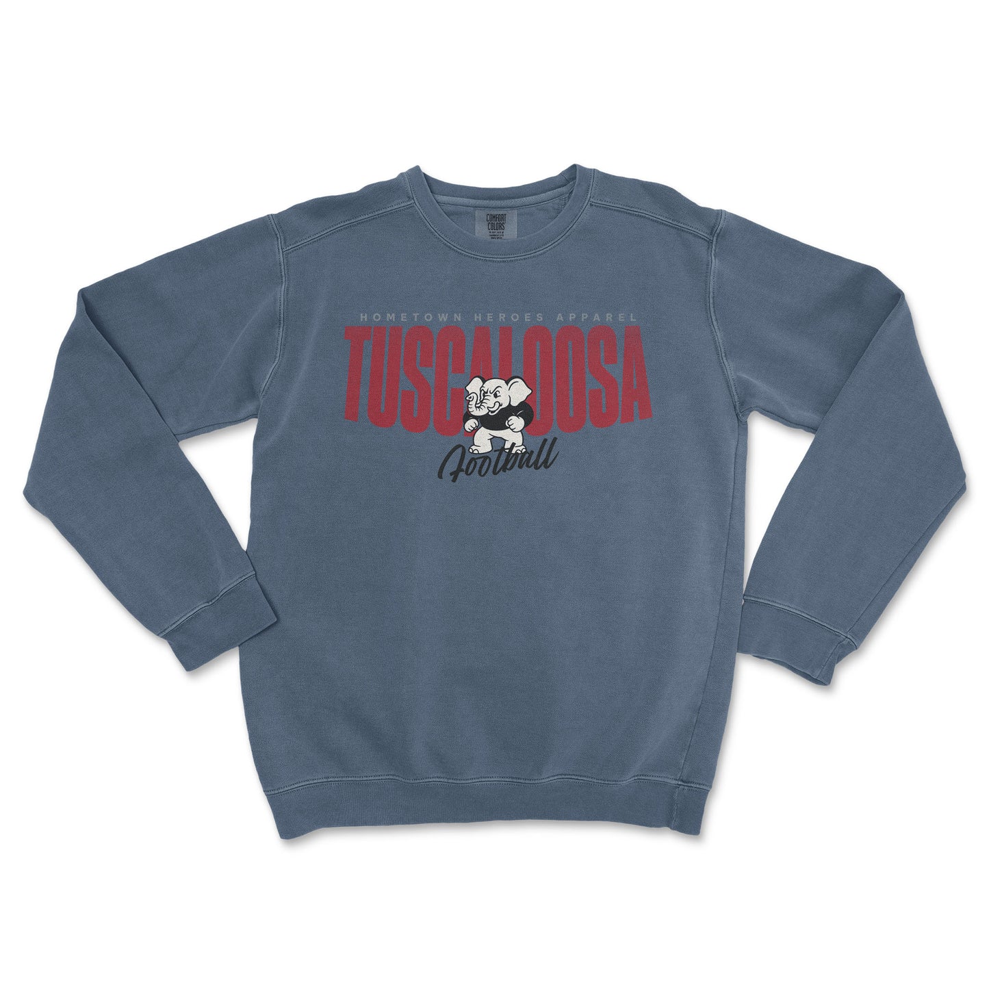 Blue sweatshirt with 'Tuscaloosa Football' text and logo on a white background