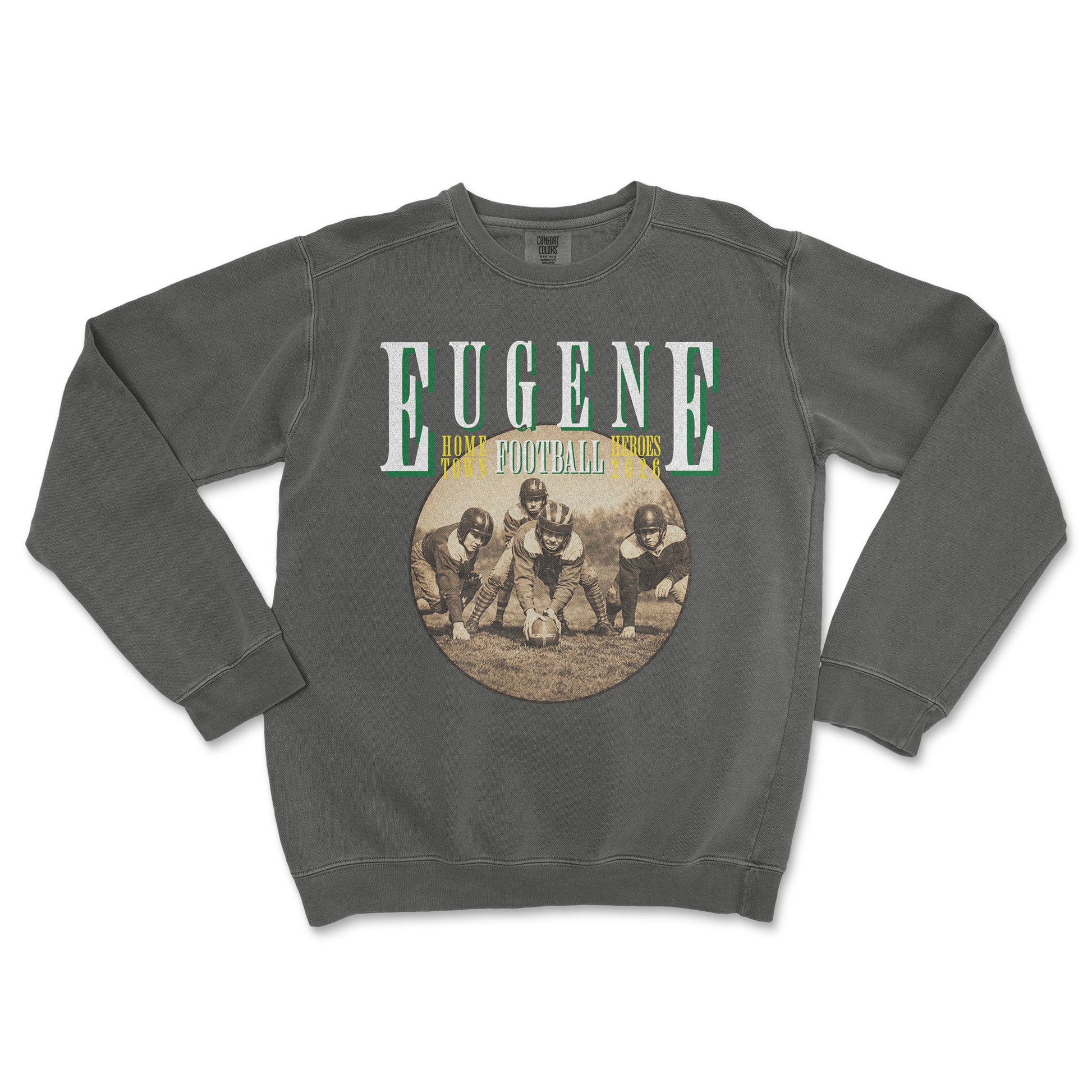 Gray sweatshirt with 'Eugene Football' graphic on a white background