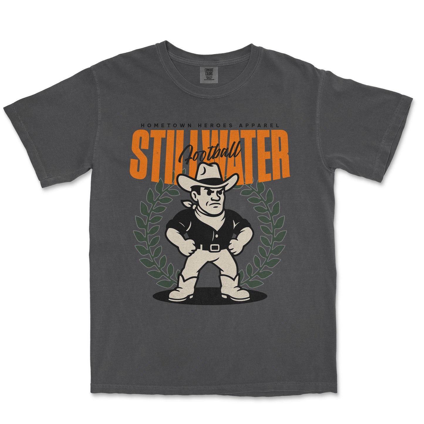 Gray t-shirt with a graphic of a cowboy and 'STILLWATER' text on a white background