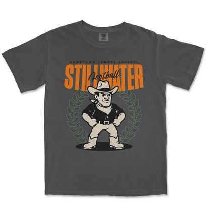 Gray t-shirt with a graphic of a cowboy and 'STILLWATER' text on a white background