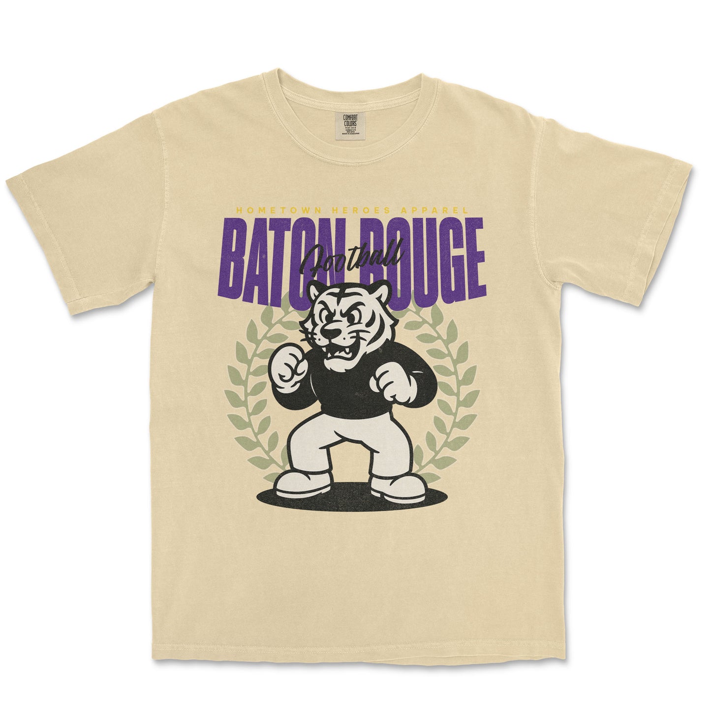 Beige t-shirt with a graphic of a tiger and 'Batchou Rouge' text on a white background
