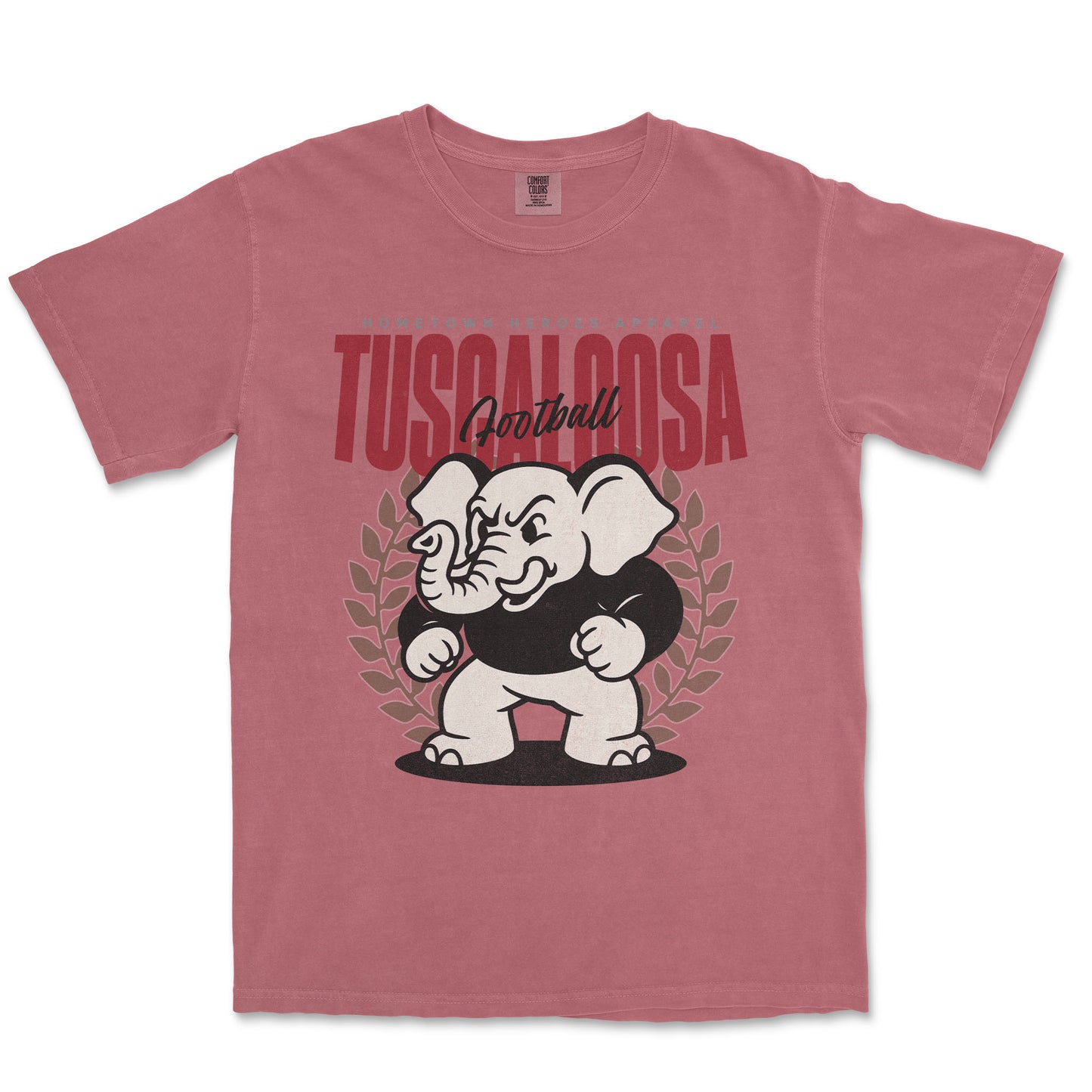Red t-shirt with an elephant graphic and 'Tuscaloosa' text on a white background