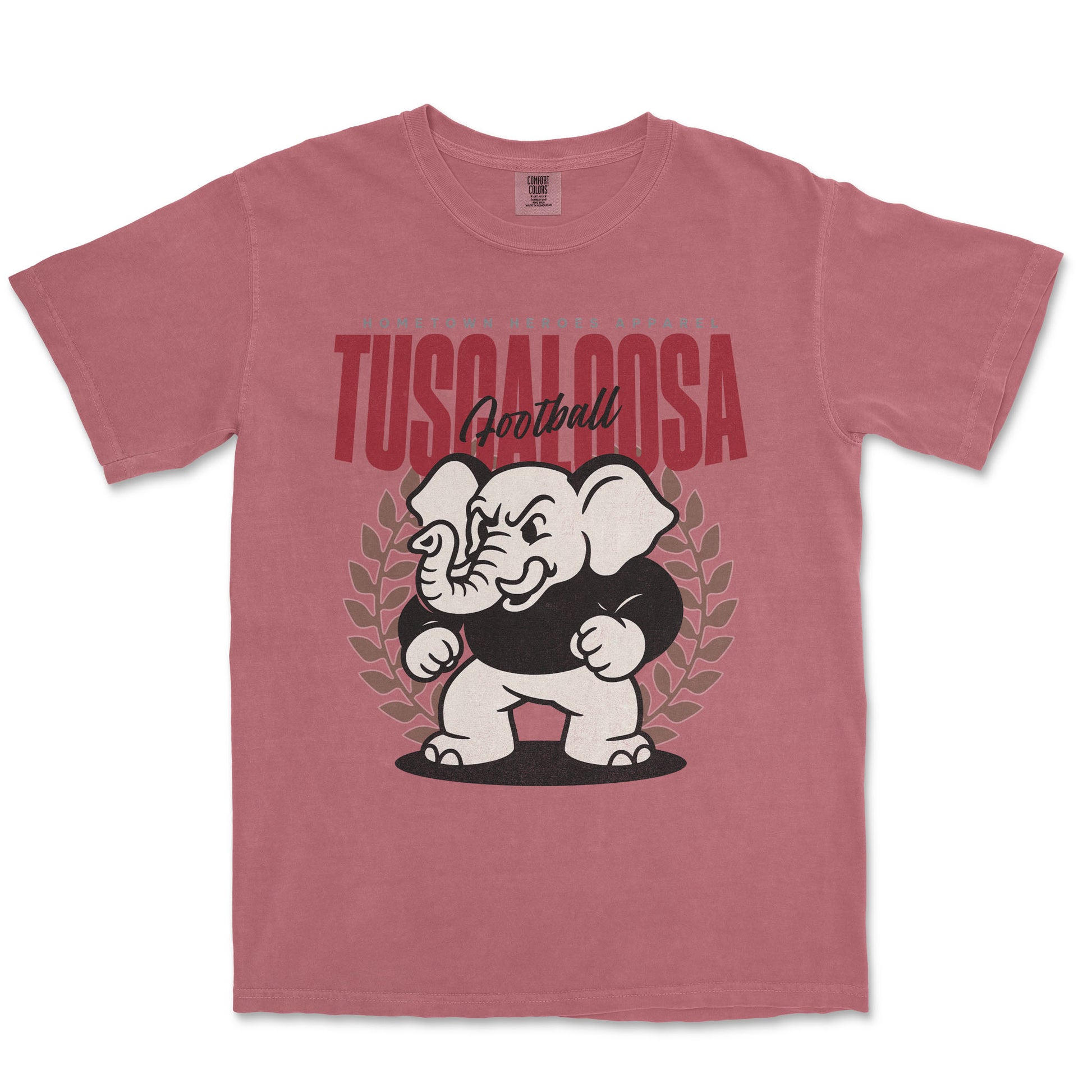Red t-shirt with an elephant graphic and 'Tuscaloosa' text on a white background