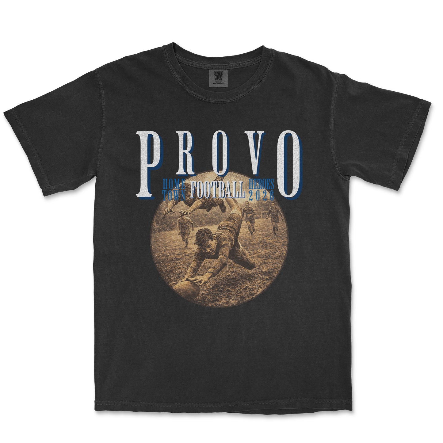 Black t-shirt with 'PROVO' and vintage football graphic on a white background
