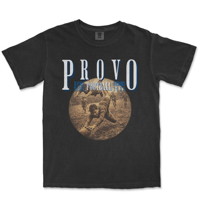 Black t-shirt with 'PROVO' and vintage football graphic on a white background