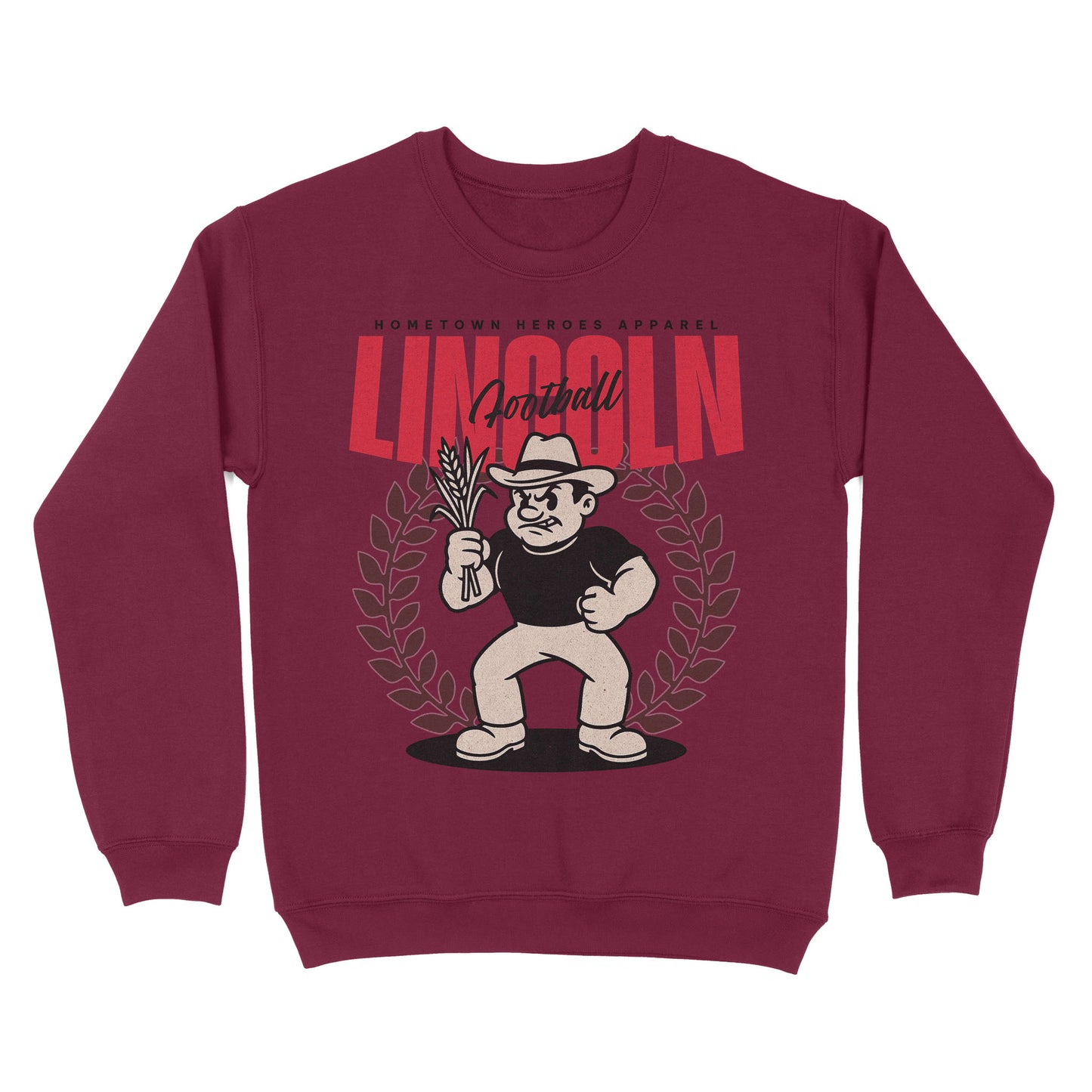 Maroon sweatshirt with cartoon character and 'Lincoln' text on a white background