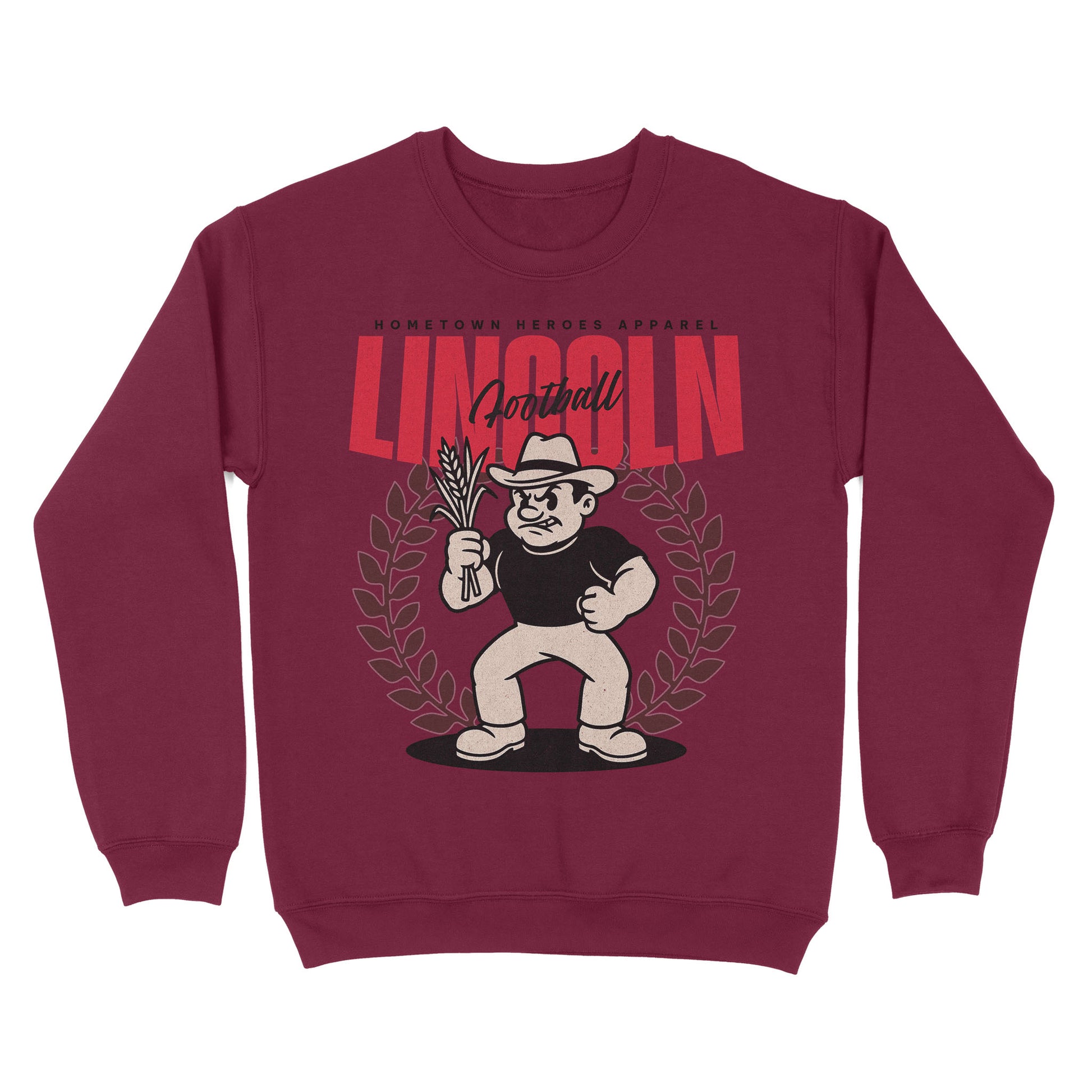 Maroon sweatshirt with cartoon character and 'Lincoln' text on a white background