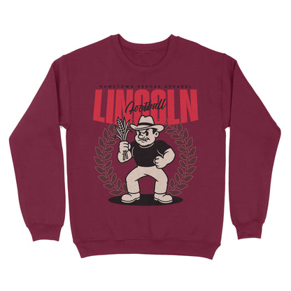 Maroon sweatshirt with cartoon character and 'Lincoln' text on a white background
