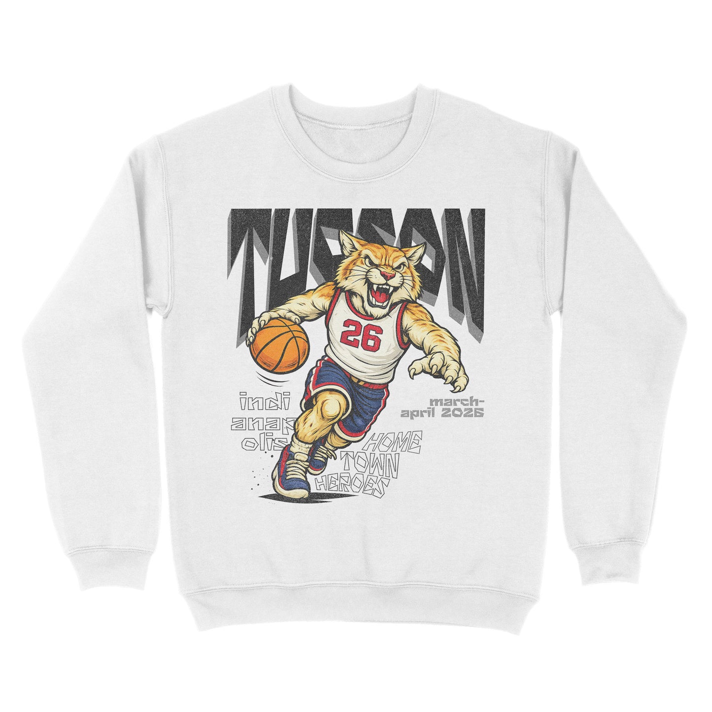 White sweatshirt with a tiger holding a basketball and text on a white background