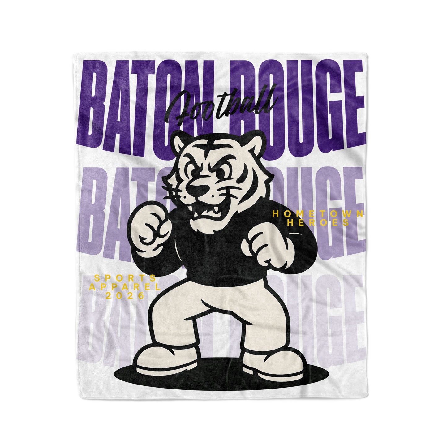 Fleece blanket with 'Baton Rouge' text and tiger mascot design on a white background