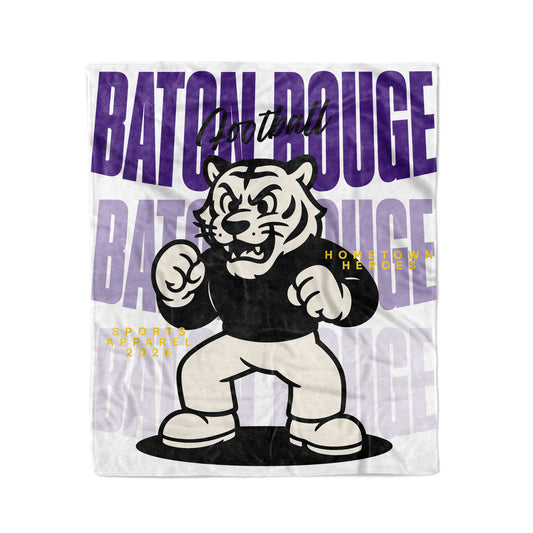 Fleece blanket with 'Baton Rouge' text and tiger mascot design on a white background