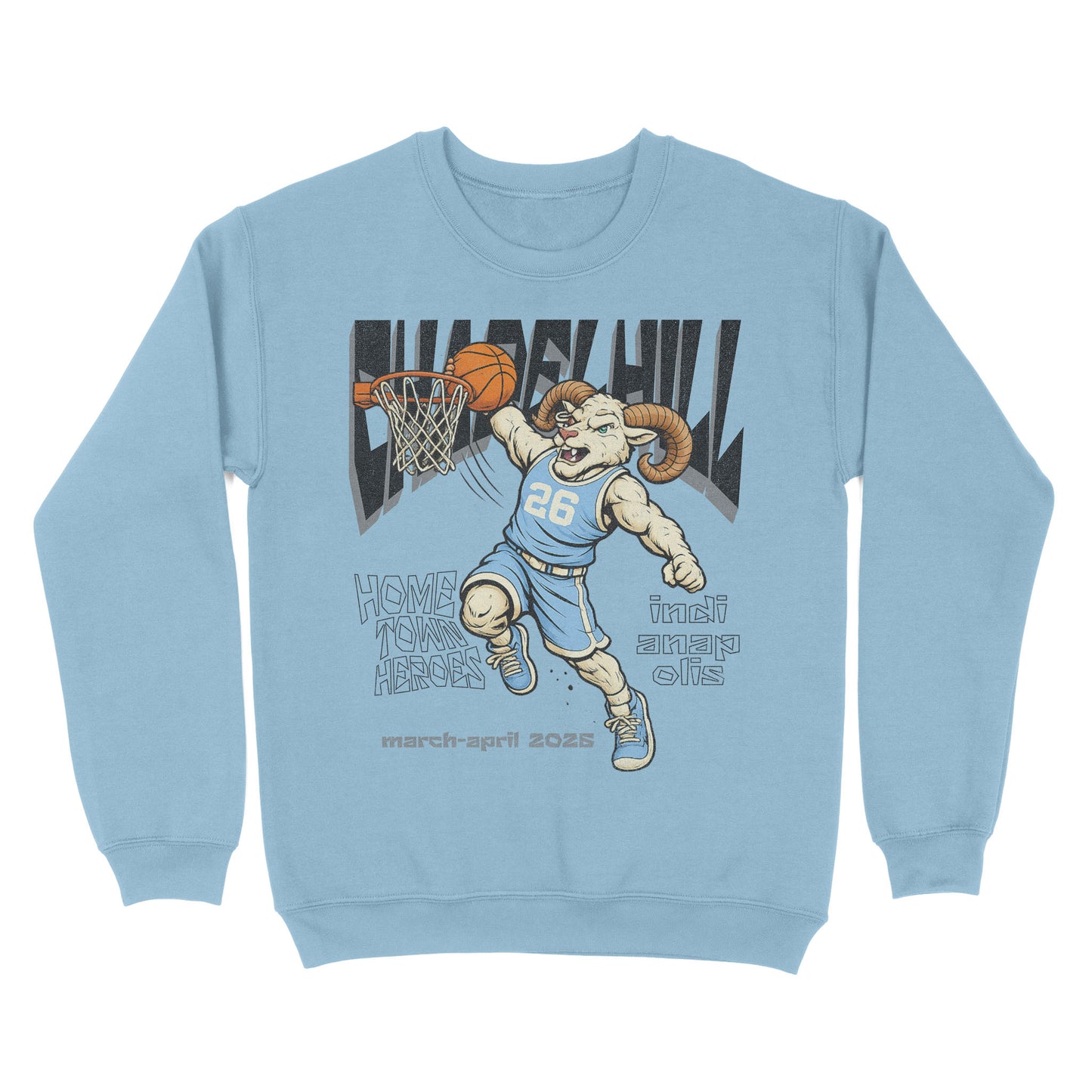 Light blue sweatshirt with a graphic of a ram playing basketball and text on a white background