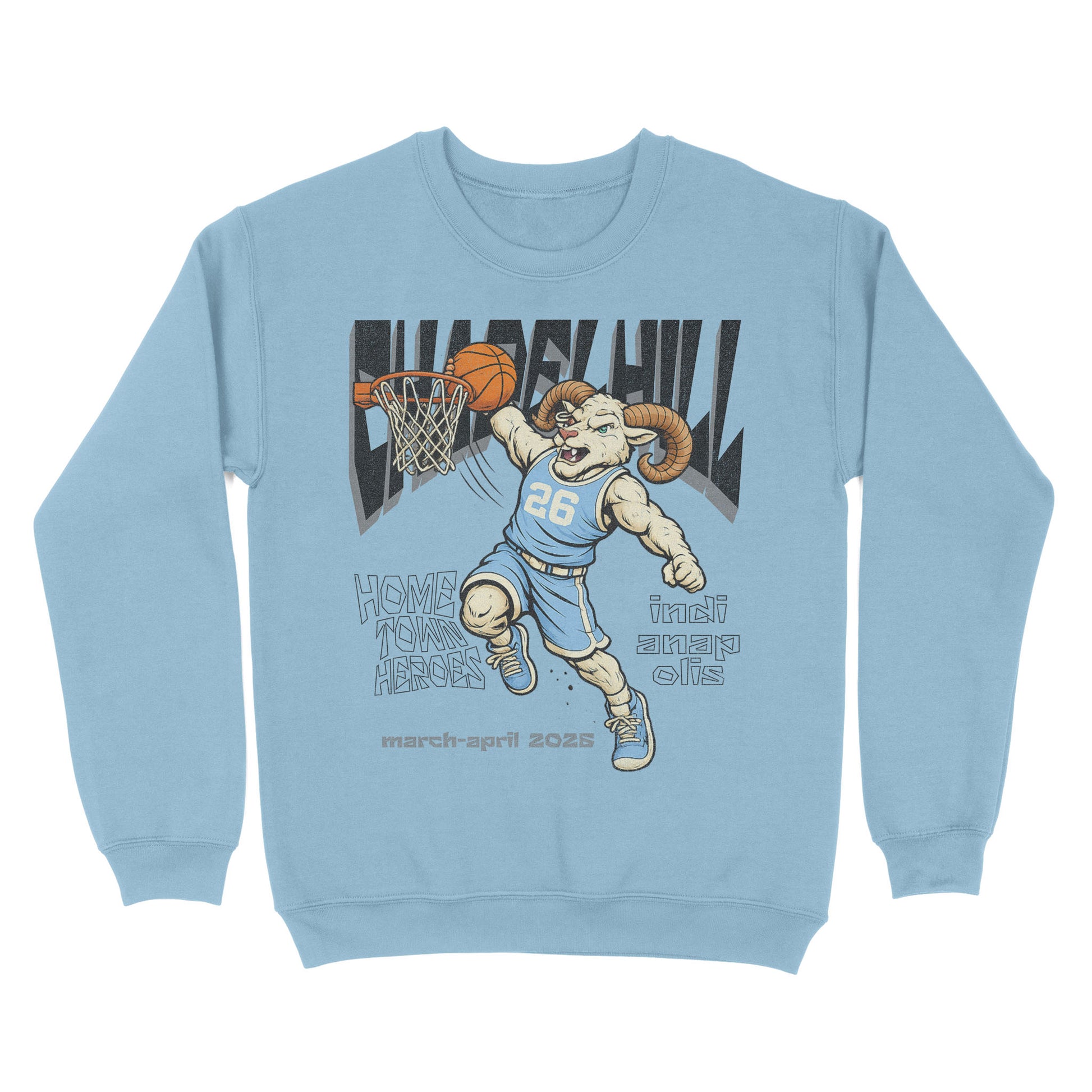Light blue sweatshirt with a graphic of a ram playing basketball and text on a white background