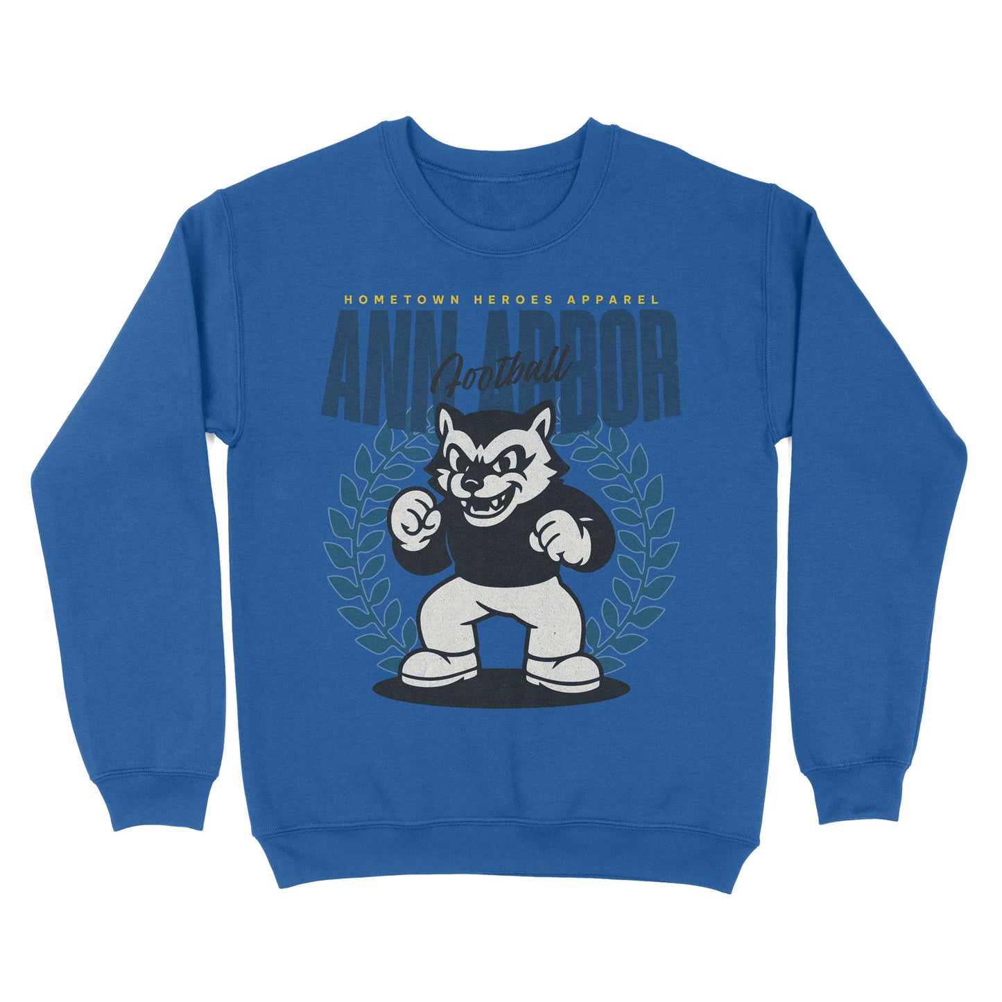 Blue sweatshirt with a cartoon wolf mascot and 'Ann Arbor' text on a white background