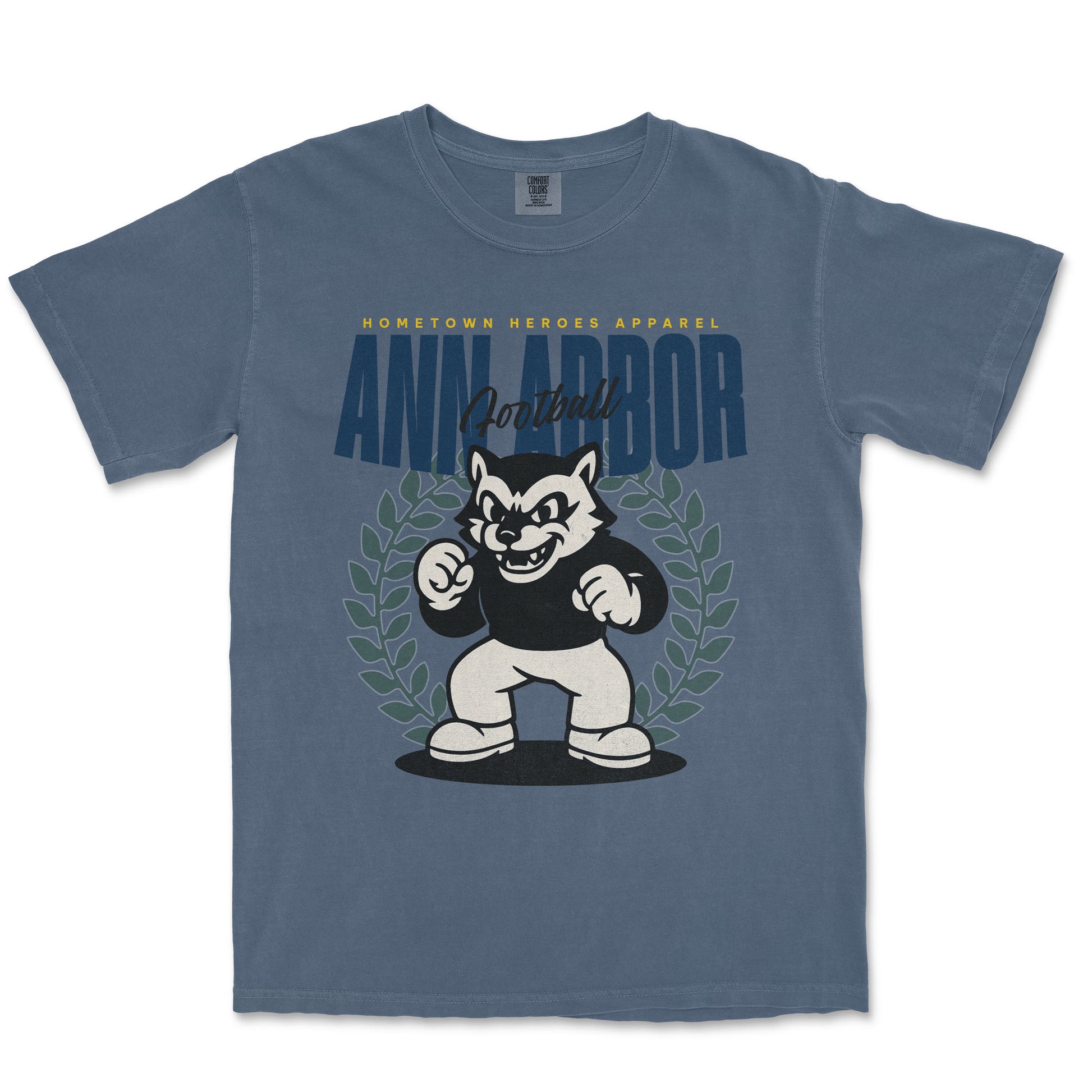 Blue t-shirt with a cartoon bear graphic and 'Ann Arbor' text on a white background