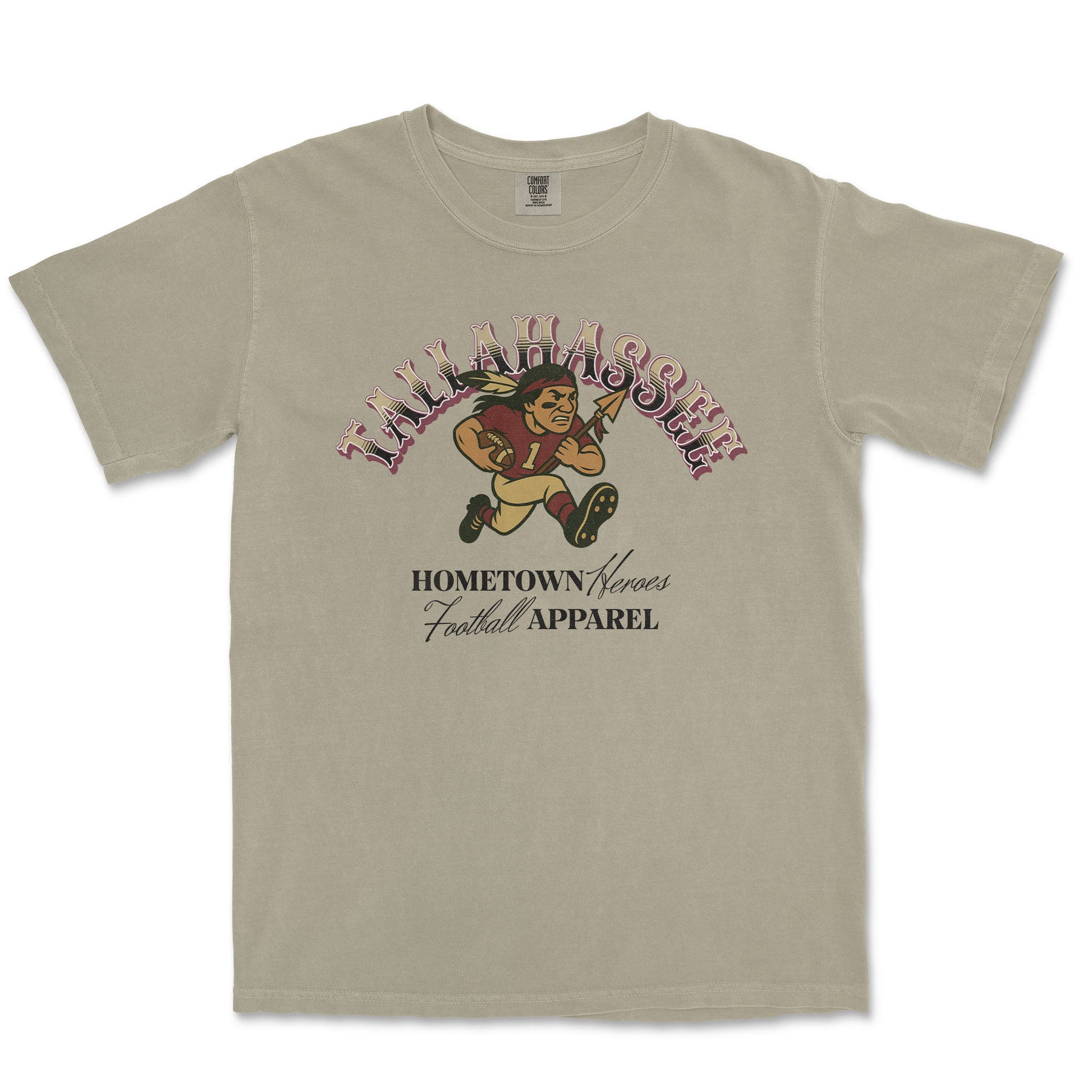 Beige t-shirt with football-themed graphic and text on a white background