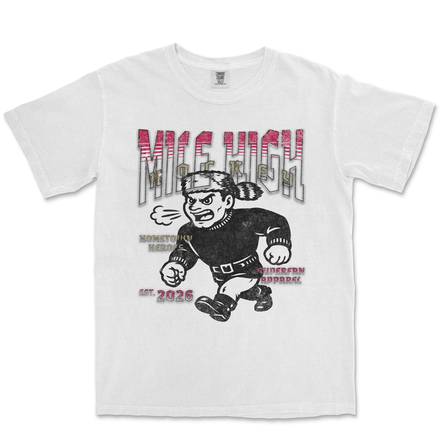 White t-shirt with graphic design of a character and text on a white background