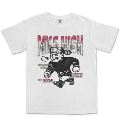 White t-shirt with graphic design of a character and text on a white background