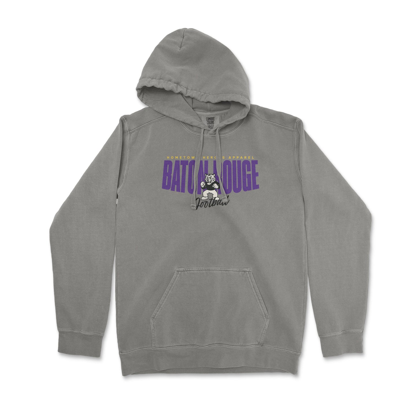 Gray hoodie with a logo and text on a white background