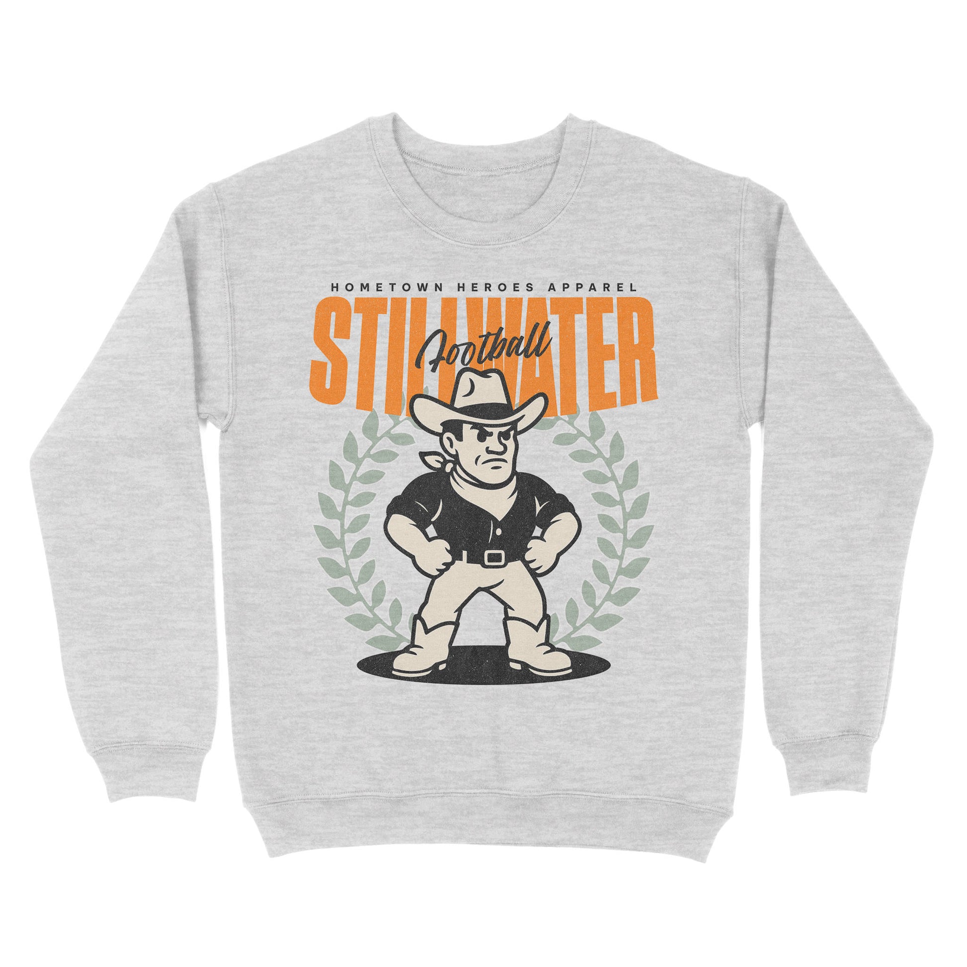 Gray sweatshirt with a graphic of a cowboy and 'Stillwater' text on a white background