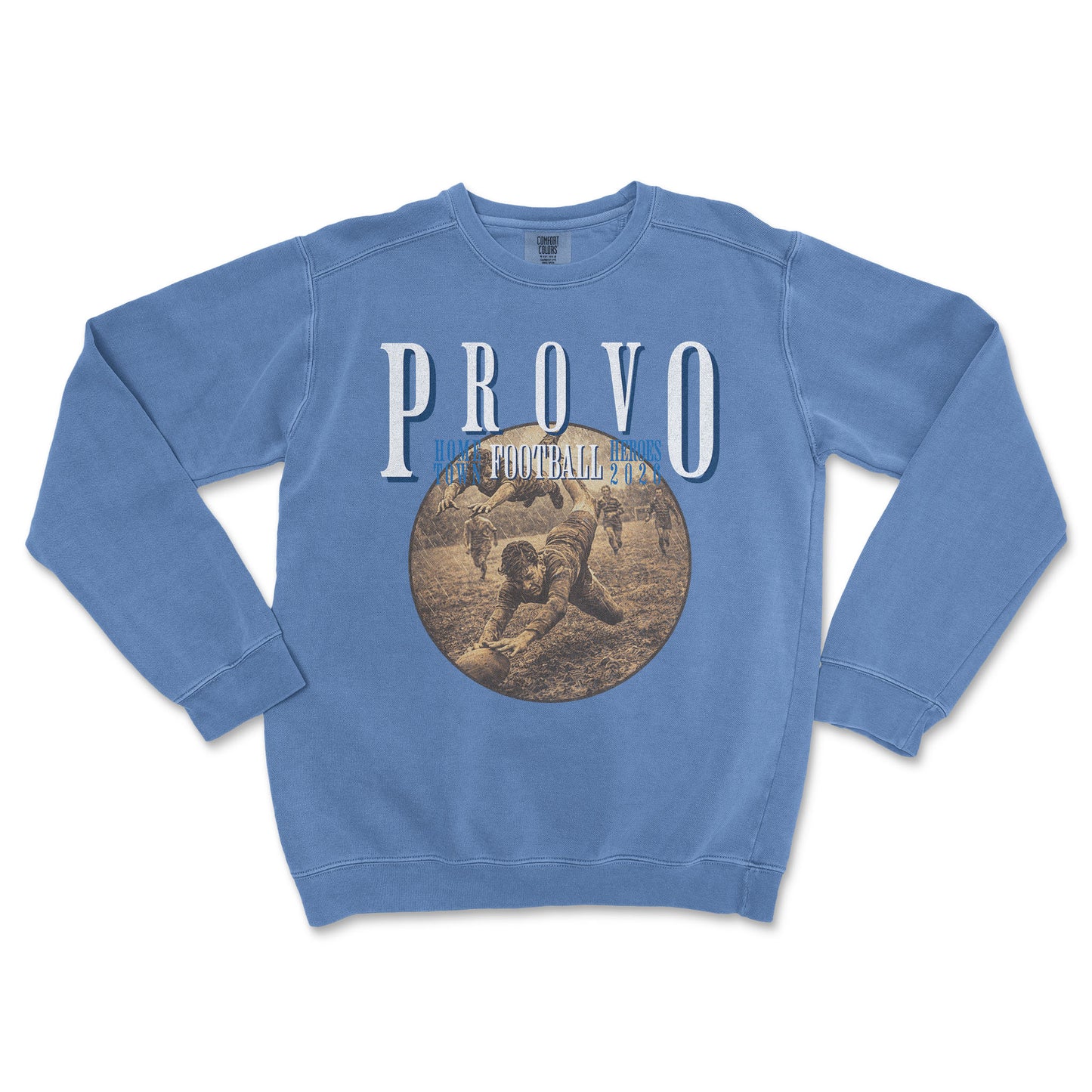 Blue sweatshirt with 'PROVO' and football graphic on a white background
