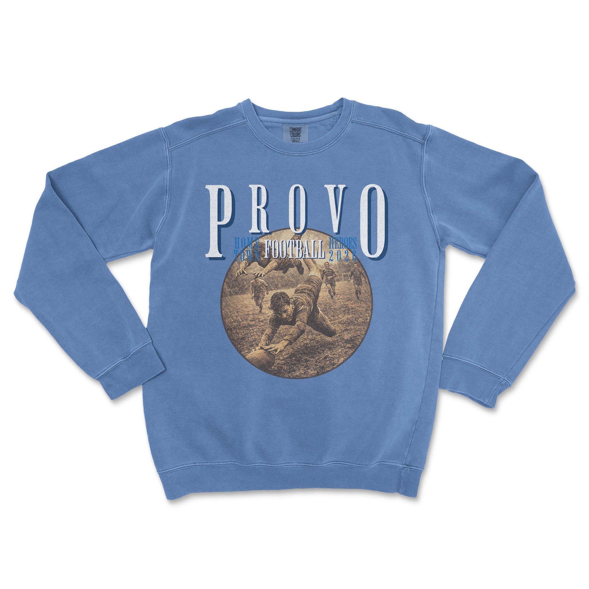 Blue sweatshirt with 'PROVO' and football graphic on a white background