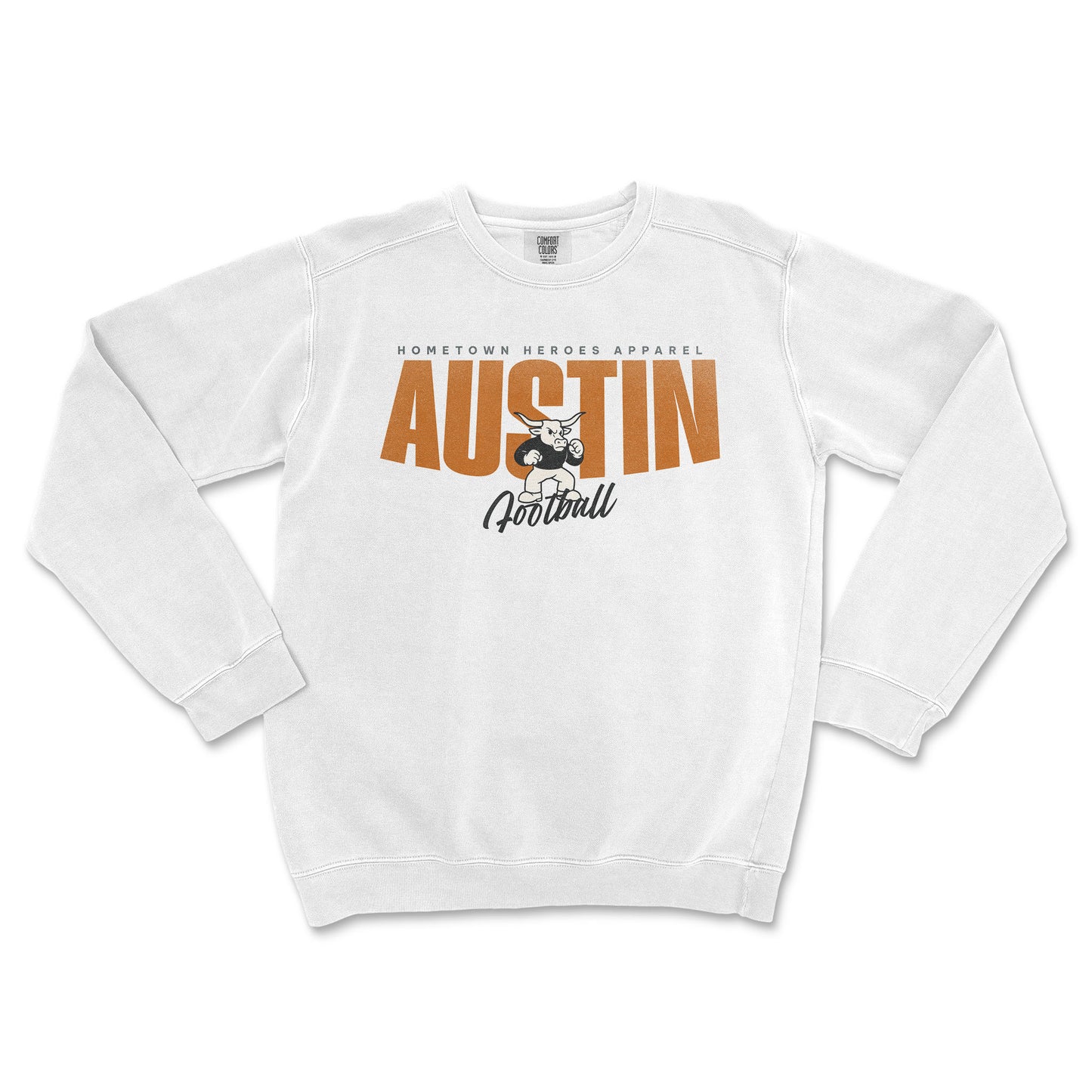 White sweatshirt with 'Austin Football' text and logo on a white background