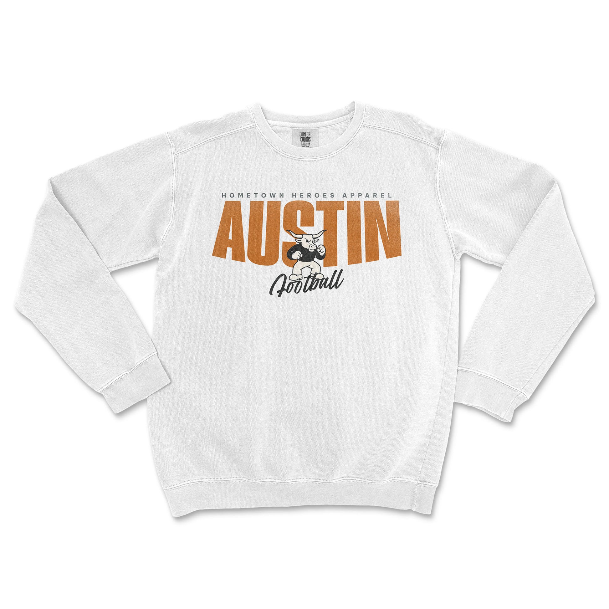 White sweatshirt with 'Austin Football' text and logo on a white background
