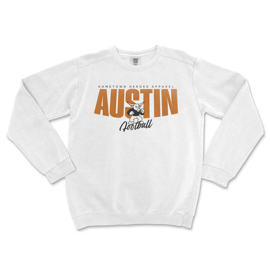 White sweatshirt with 'Austin Football' text and logo on a white background