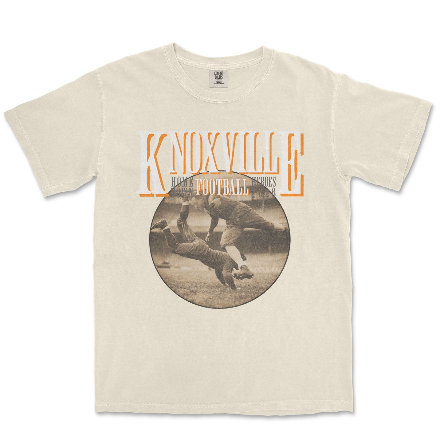 Beige t-shirt with vintage-style graphic and 'Knoxville' text on a white background
