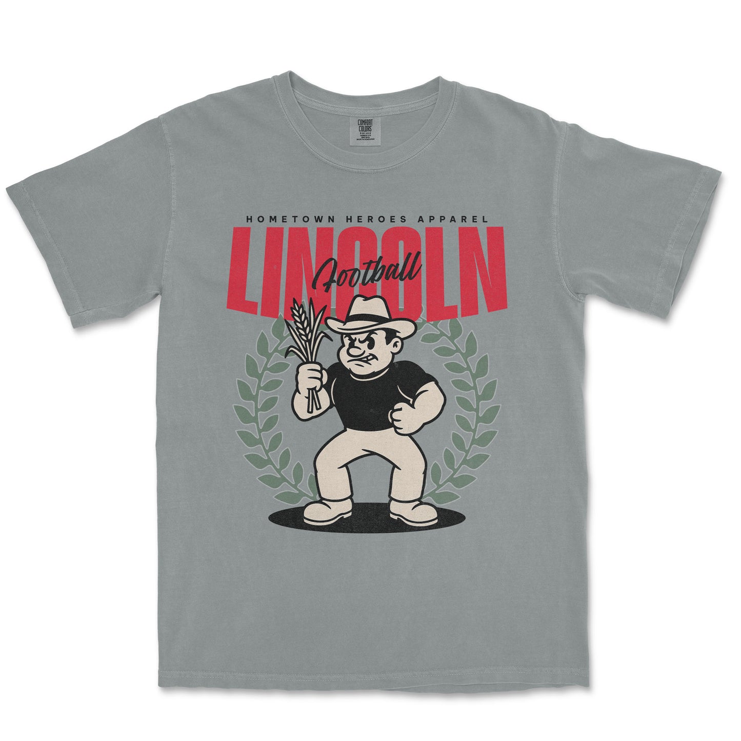 Gray t-shirt with a graphic design featuring a character holding corn and the word 'Lincoln'.