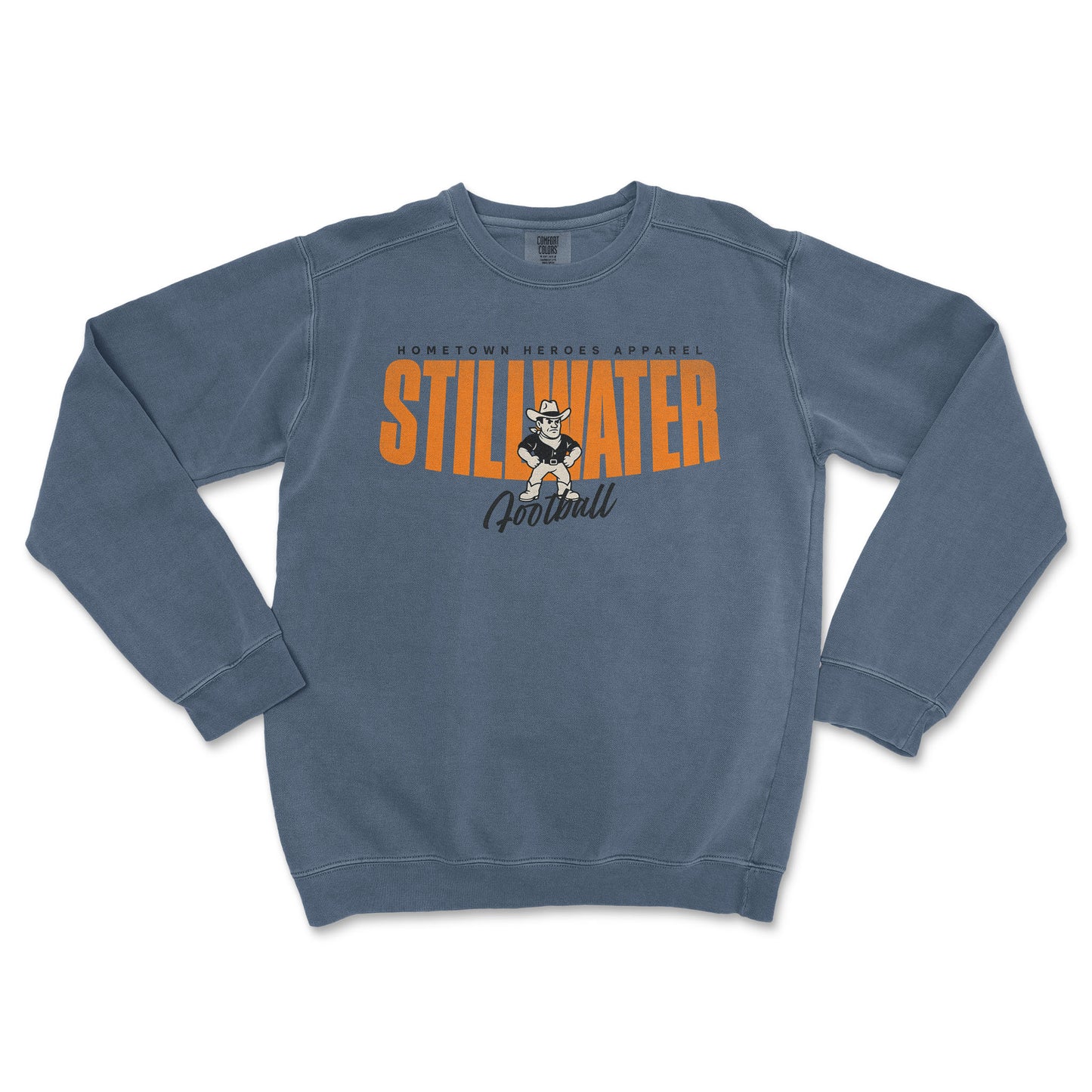 Blue sweatshirt with 'STILLWATER' text and graphic on a white background