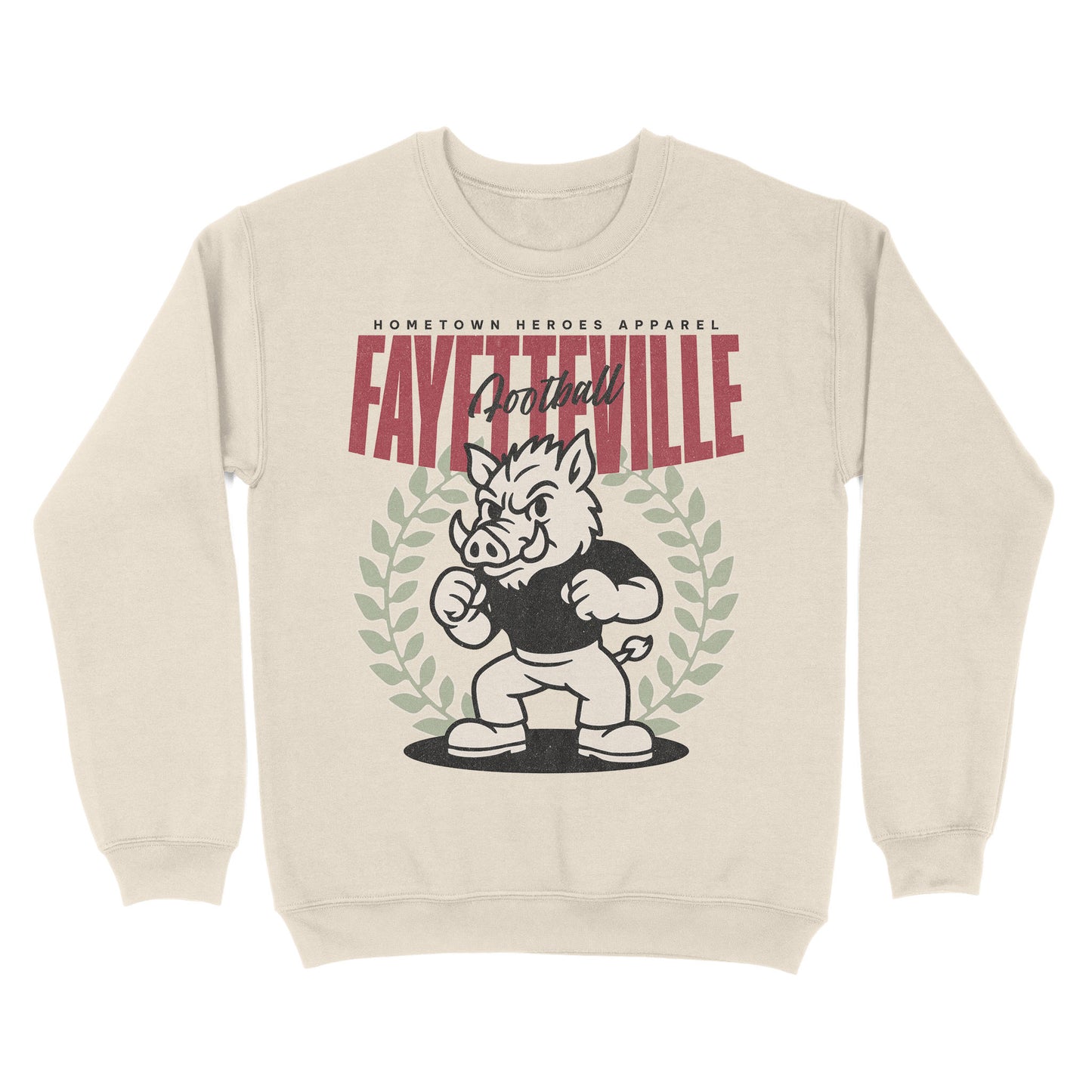 Beige sweatshirt with graphic design and text on a white background