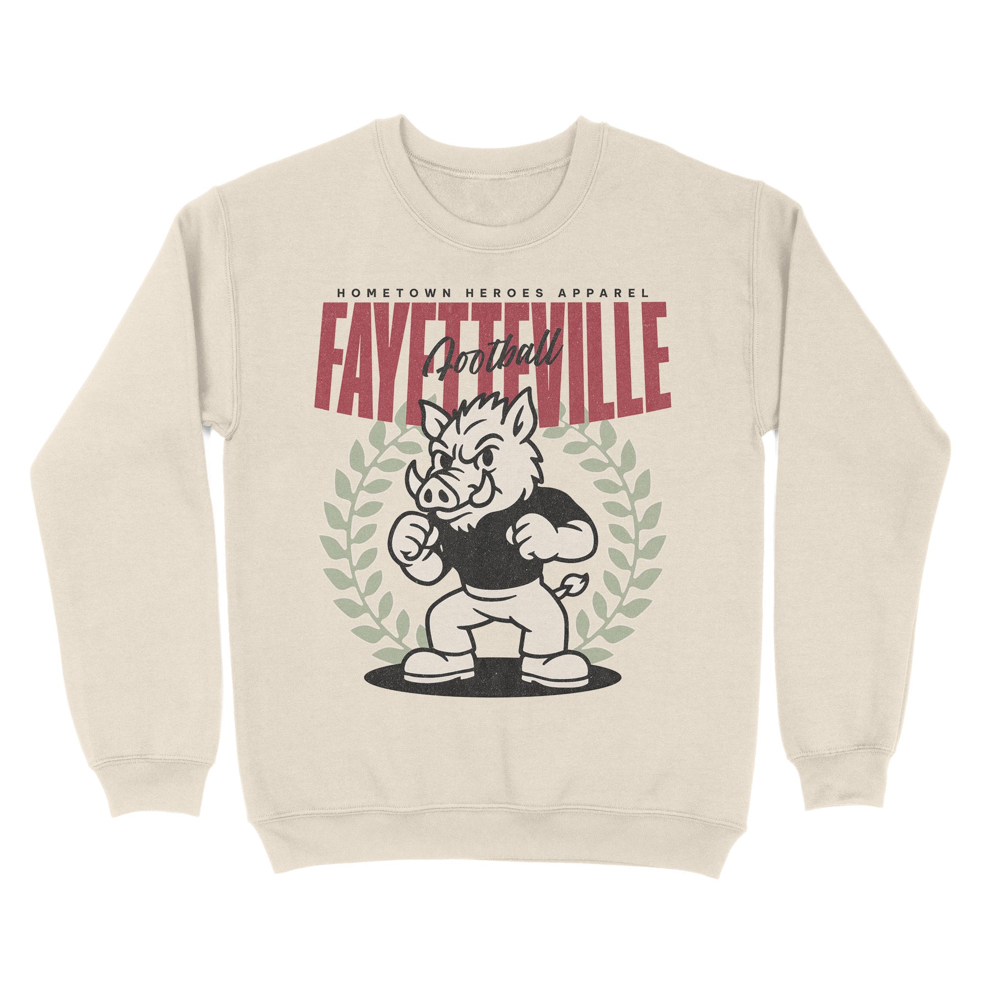 Beige sweatshirt with graphic design and text on a white background