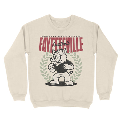 Beige sweatshirt with graphic design and text on a white background
