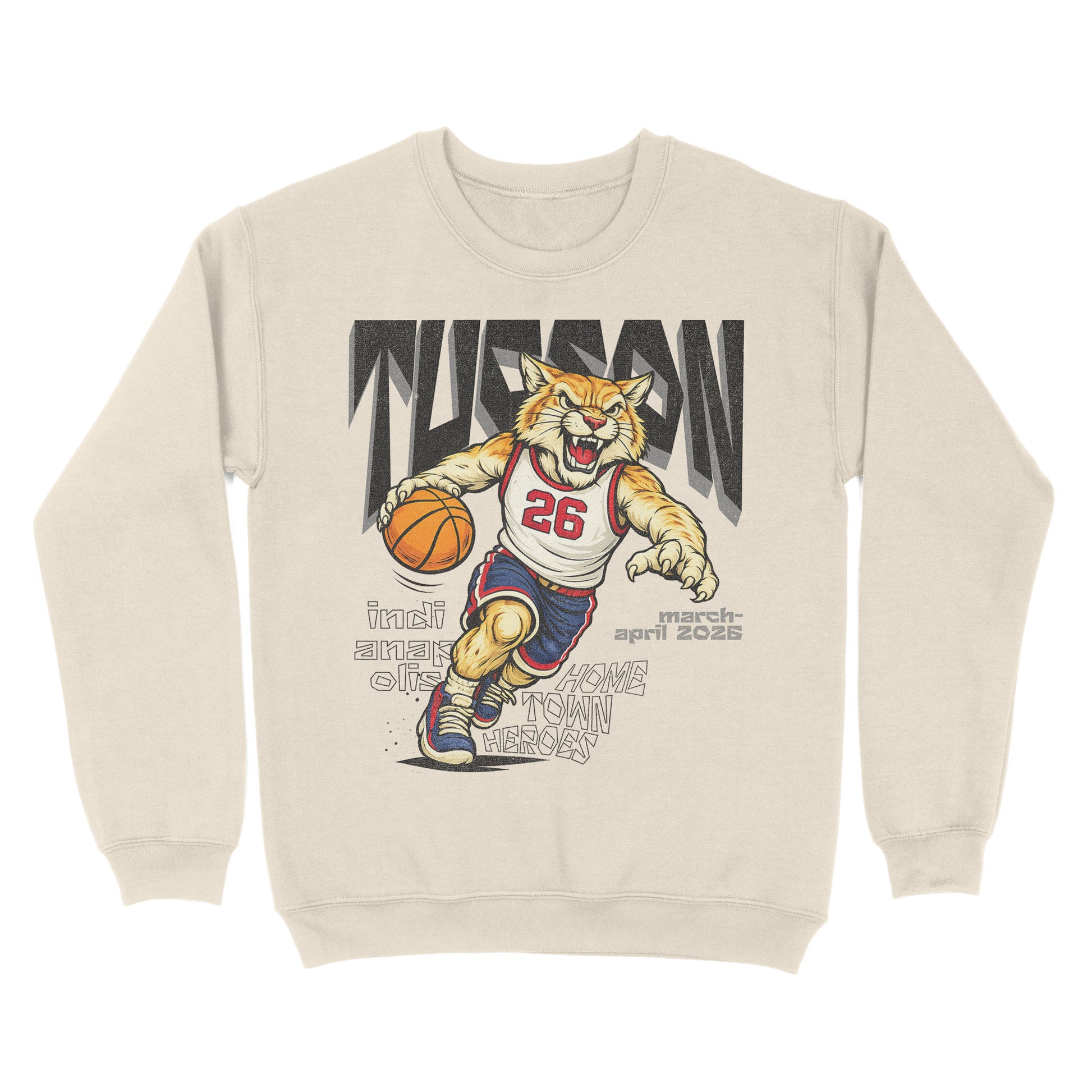 Beige sweatshirt with a tiger graphic holding a basketball and text on a white background