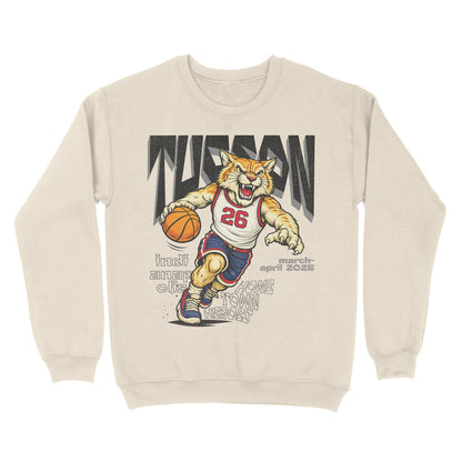 Beige sweatshirt with a tiger graphic holding a basketball and text on a white background