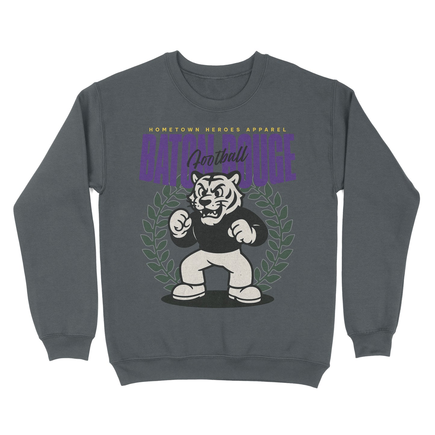 Gray sweatshirt with a graphic of a tiger and text on a white background