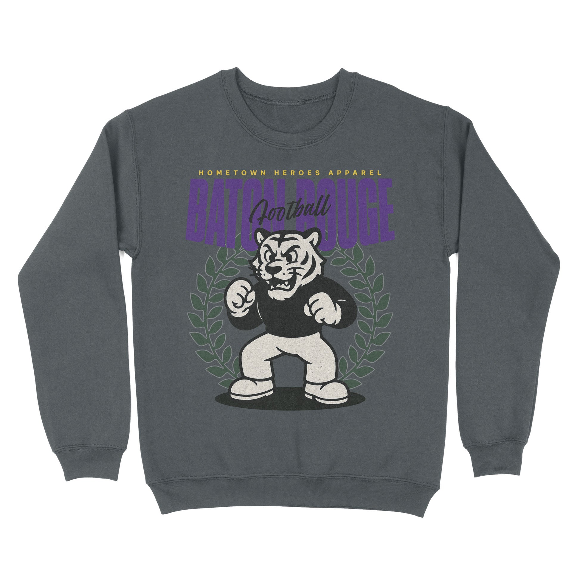 Gray sweatshirt with a graphic of a tiger and text on a white background