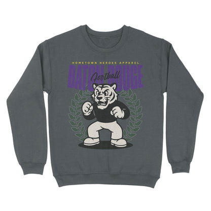 Gray sweatshirt with a graphic of a tiger and text on a white background