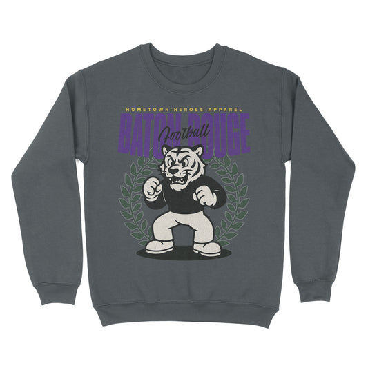 Gray sweatshirt with a graphic of a tiger and text on a white background