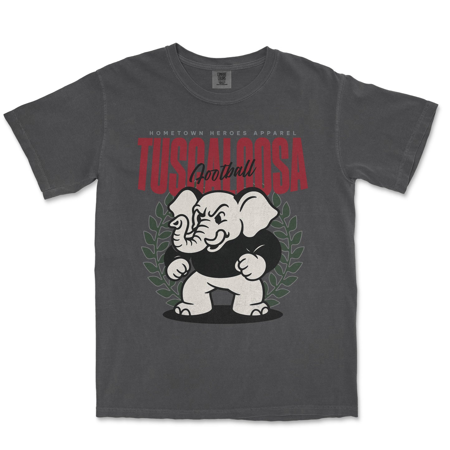 Gray t-shirt with an elephant graphic and 'Tuscaloosa' text on a white background