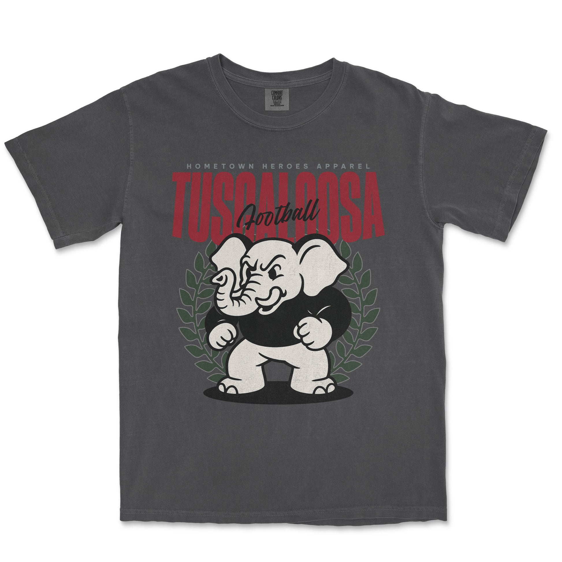 Gray t-shirt with an elephant graphic and 'Tuscaloosa' text on a white background