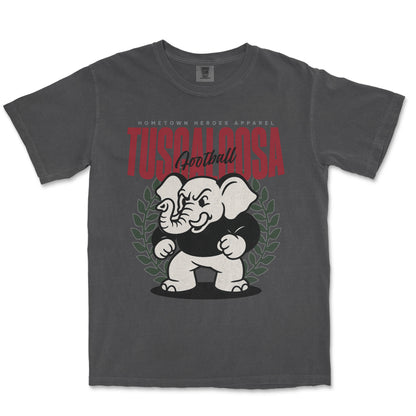 Gray t-shirt with an elephant graphic and 'Tuscaloosa' text on a white background