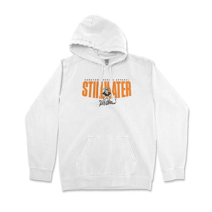 White hoodie with orange and black text on a white background