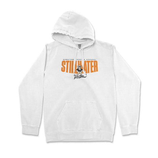 White hoodie with orange and black text on a white background