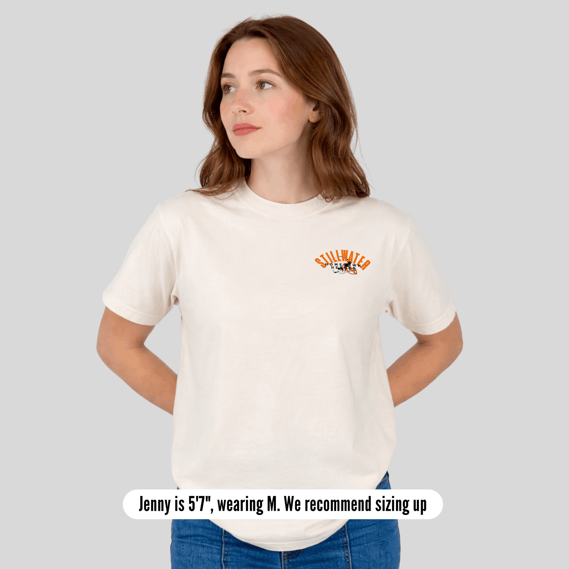 Woman wearing a white t-shirt with a logo on a gray background