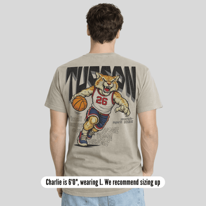 Person wearing a t-shirt with a graphic of a tiger holding a basketball and text on the back.