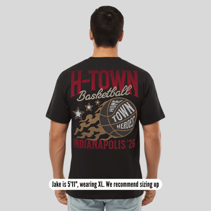 Person wearing a black t-shirt with 'H-Town Basketball' design on the back, on a plain background.